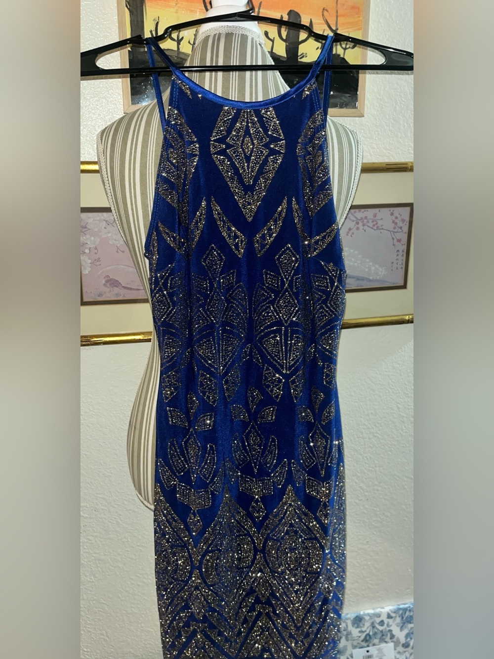 Jump Apparel Blue Gold Beaded Art Deco Gatsby Cocktail Dress 1/2 Homecoming
